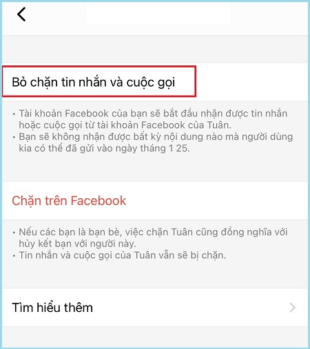 Nhấp vào Bỏ chặn Tin nhắn và Cuộc gọi.